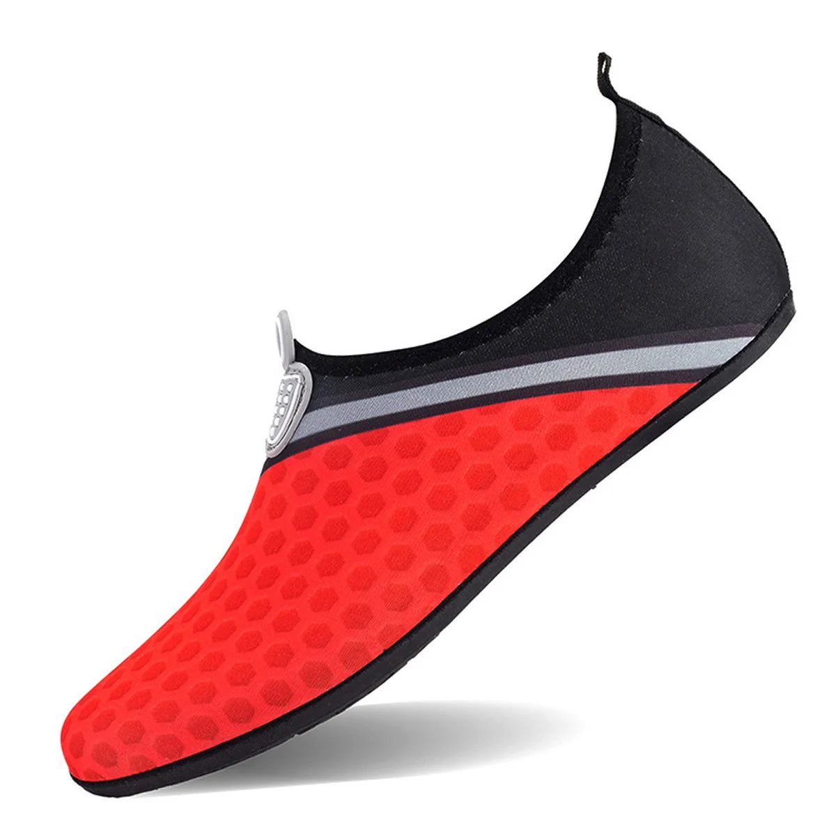 A pair of red and black waterproof aqua socks shown from the side.