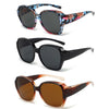 A set of three wrap-around sunglasses in various colors and styles.