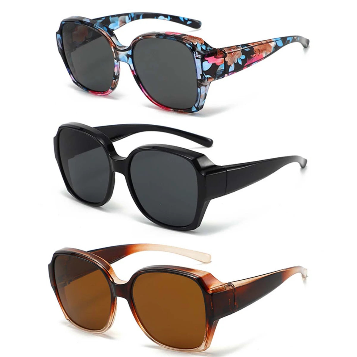 A set of three wrap-around sunglasses in various colors and styles.
