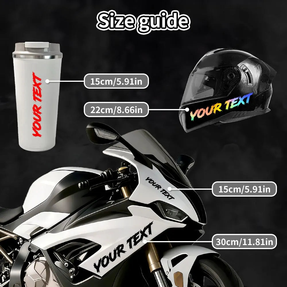 Une moto blanche avec des autocollants textuels personnalisés et un autocollant cylindrique assorti.