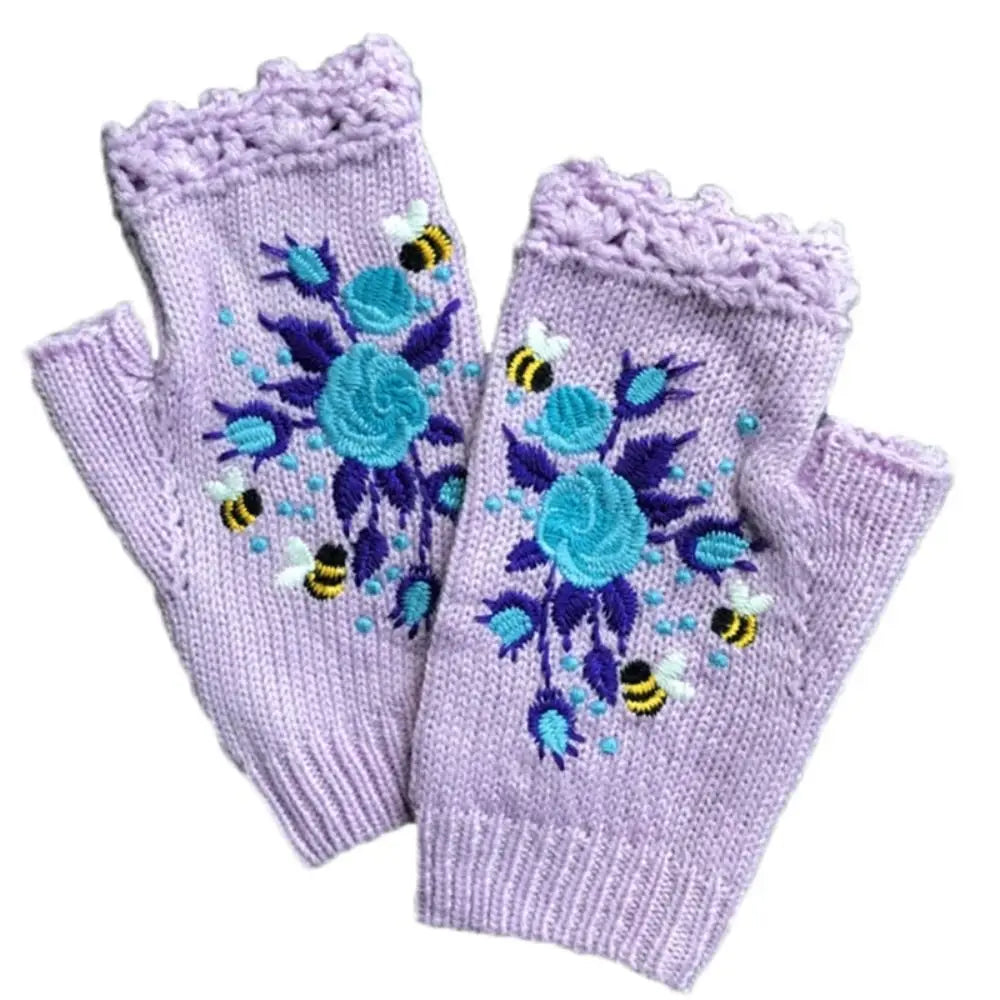 Embroidered Floral Bee Fingerless Gloves