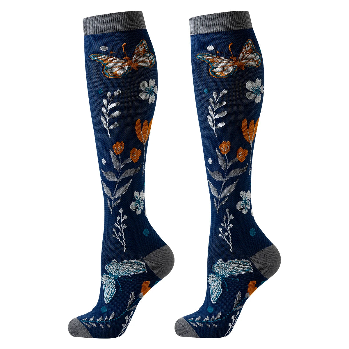 Pair of navy blue knee-high compression socks featuring a floral butterfly pattern