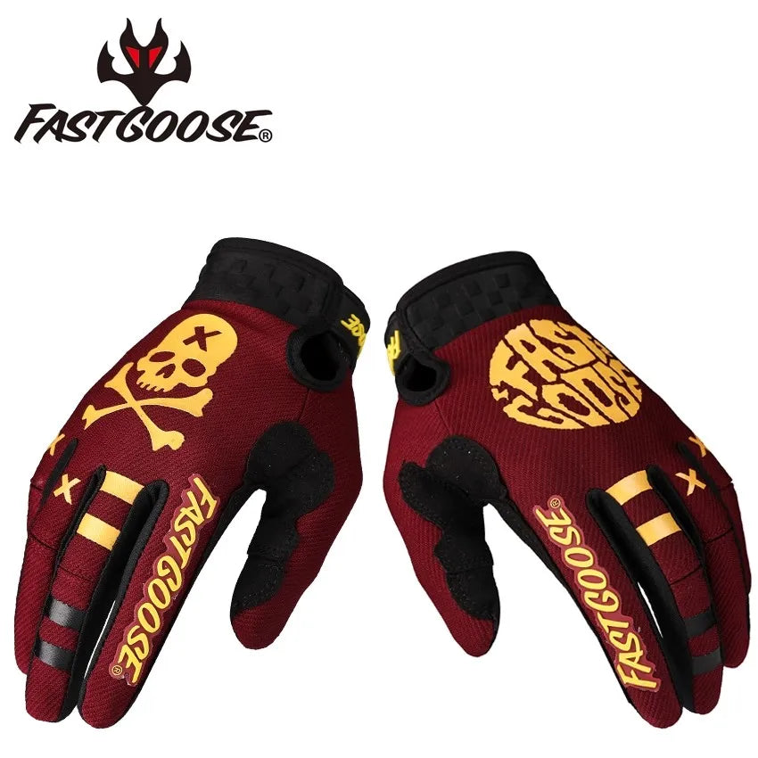 A pair of red and black FastGoose cycling gloves shown from above.
