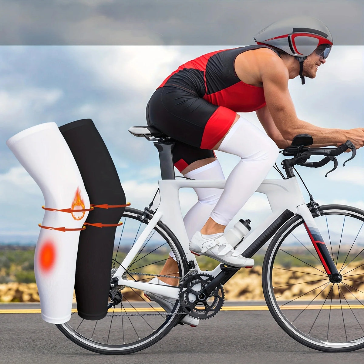 A male cyclist wearing black compression leg sleeves and a helmet riding a bicycle on a road.