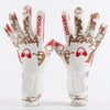 A pair of Defigo professional football goalkeeper gloves in white and brown with red accents.