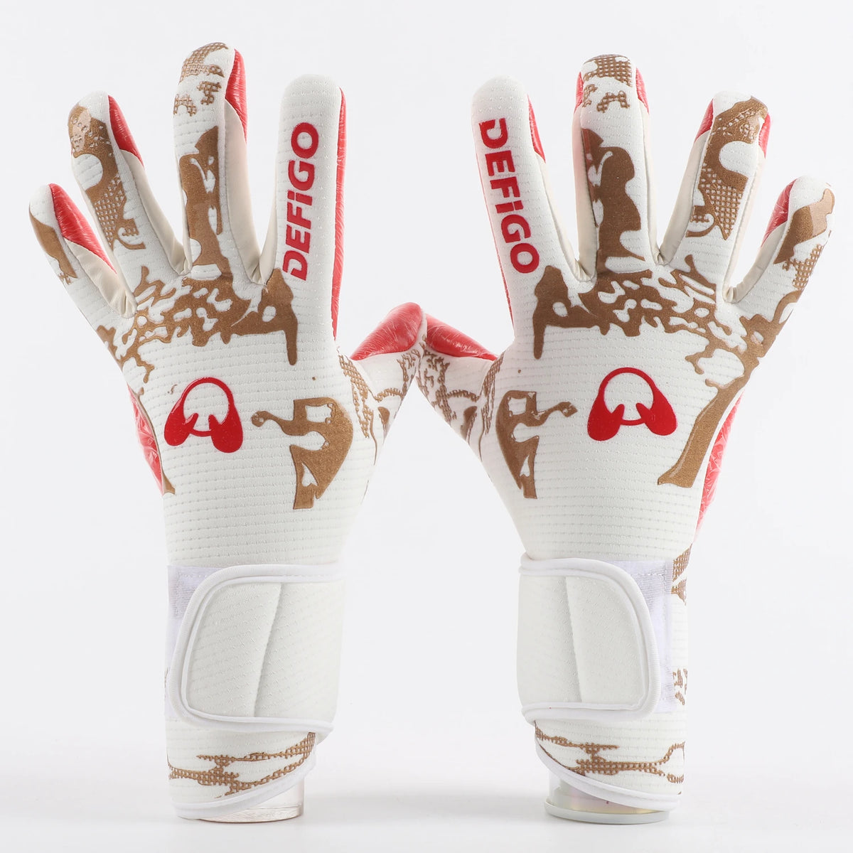 A pair of Defigo professional football goalkeeper gloves in white and brown with red accents.
