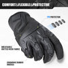 Black tactical touch screen gloves featuring TPR protection, breathable knitted mesh fabric, and ergonomic rubber knuckle.