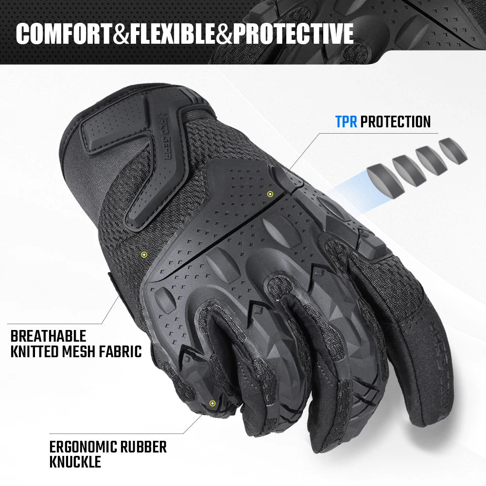 Black tactical touch screen gloves featuring TPR protection, breathable knitted mesh fabric, and ergonomic rubber knuckle.