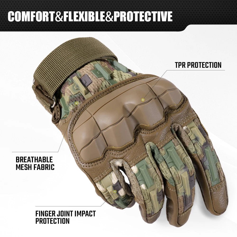 Tactical PU leather cycling gloves in olive green camouflage pattern with TPR protection and breathable mesh fabric