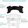 Diagram showing the layers of a physical ventilation nasal patch including soft breathable fabric, physical action layer, and