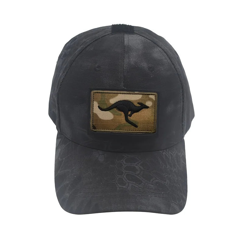 A dark gray tactical baseball cap featuring an embroidered kangaroo patch on the front.