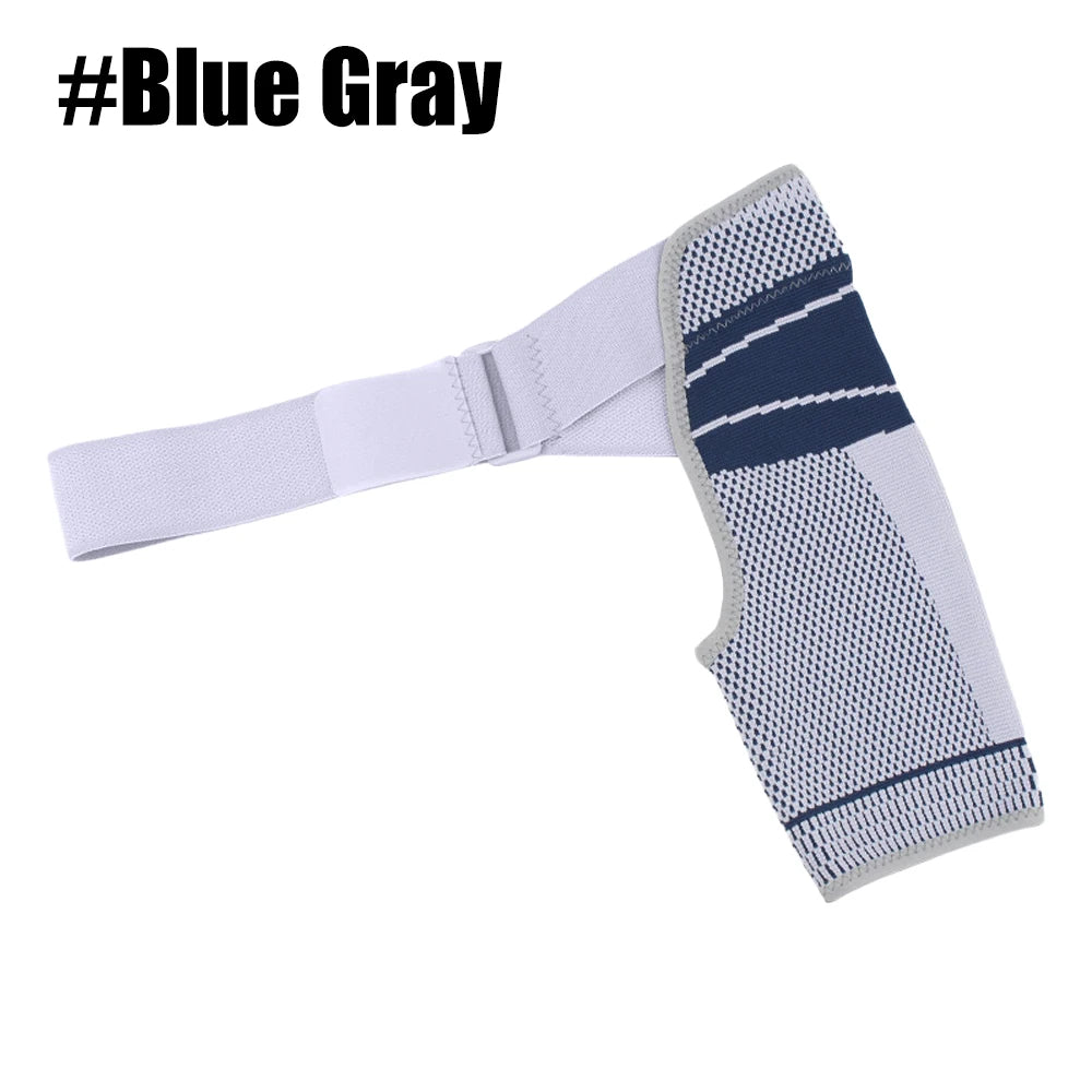 A white and blue gray adjustable shoulder support brace for rotator cuff relief.