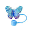 A silicone butterfly straw cover in light blue and purple, designed to fit on tumblers.