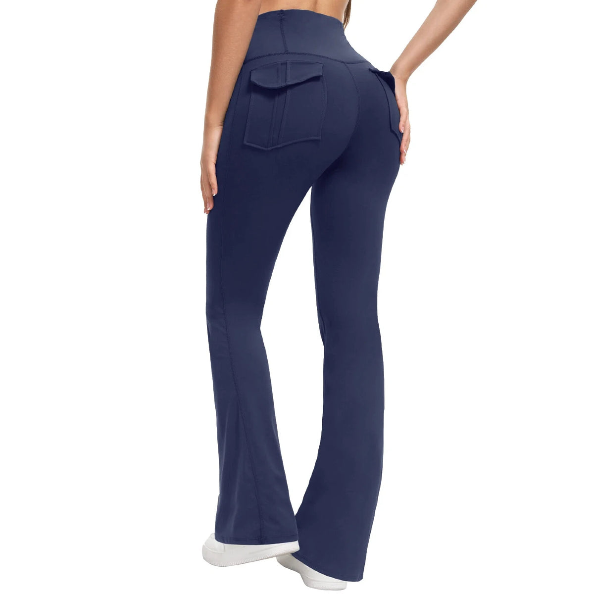Navy high-waisted flared yoga leggings with a front pocket