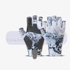 Une paire de gants de pêche à demi-doigts antidérapants avec un motif marbré blanc et noir.