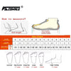 A chart showing how to measure foot length for waterproof aqua socks, including diagrams of different foot types.