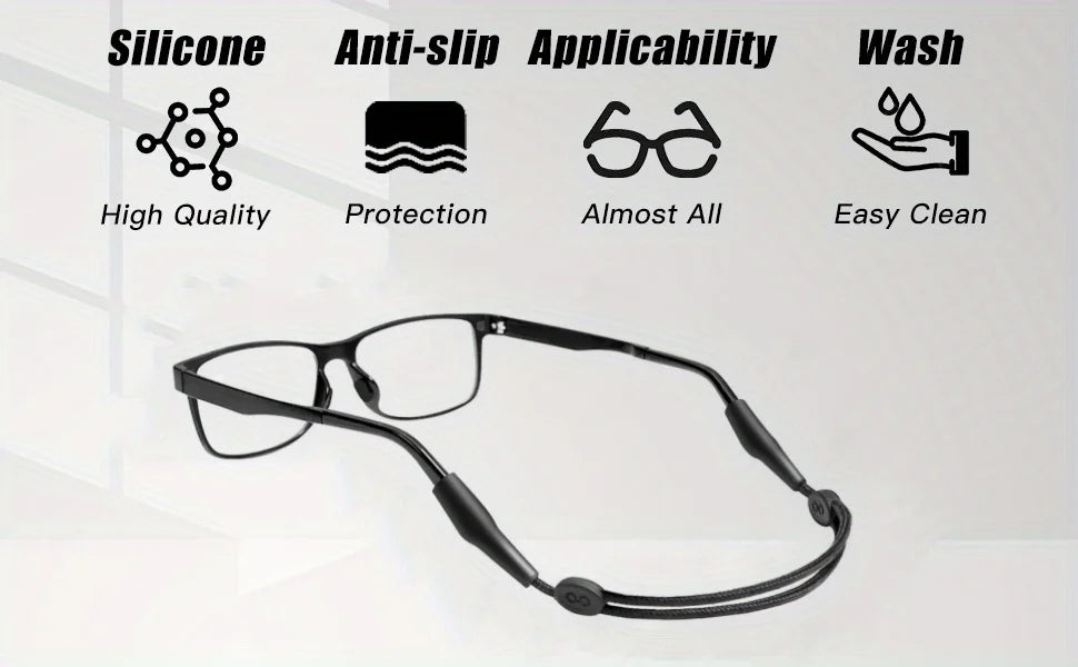A black adjustable eyeglass strap is shown against a white background with features highlighting high quality, protection, ap