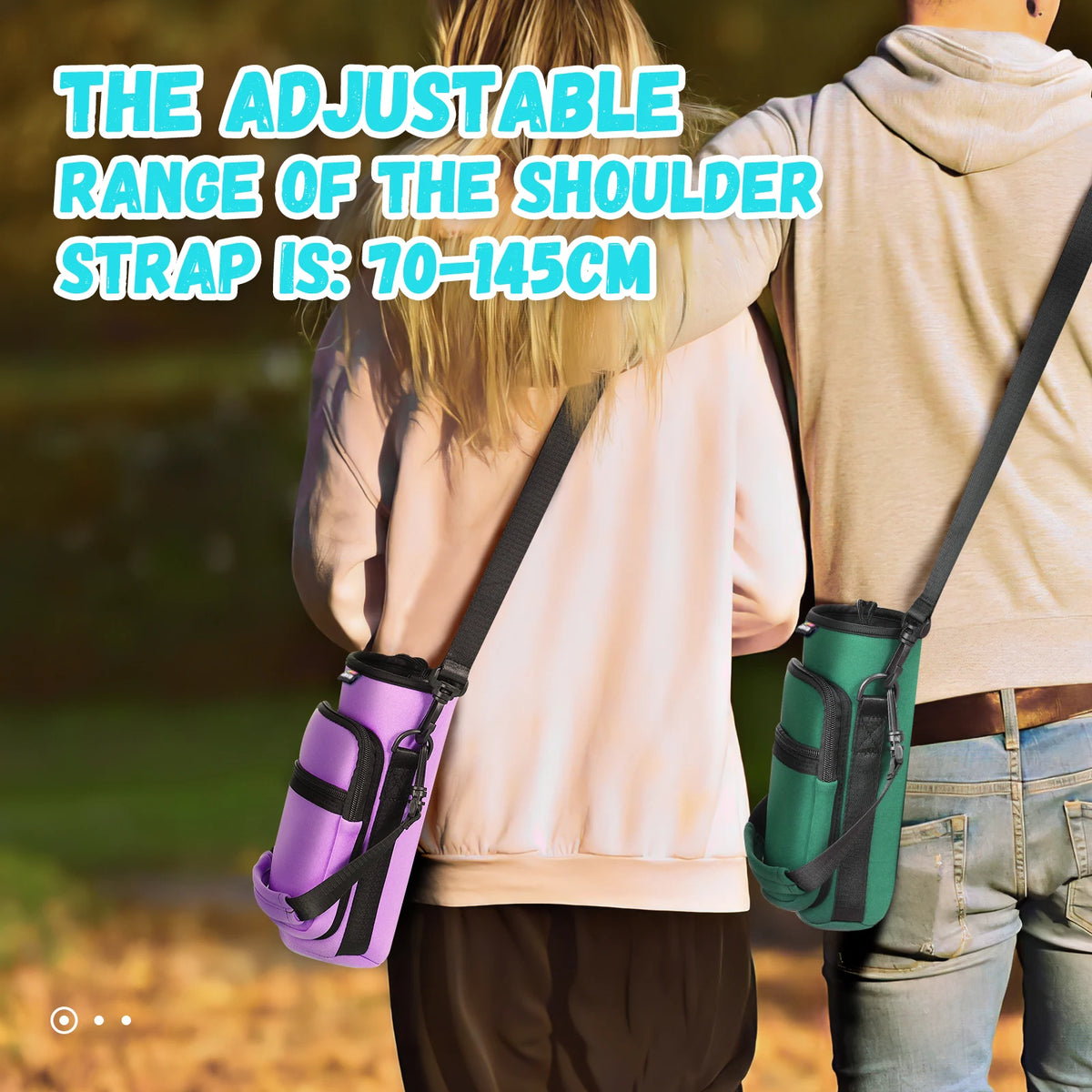 A person is demonstrating the adjustable range of a shoulder strap for an adjustable sling water bottle carrier bag.