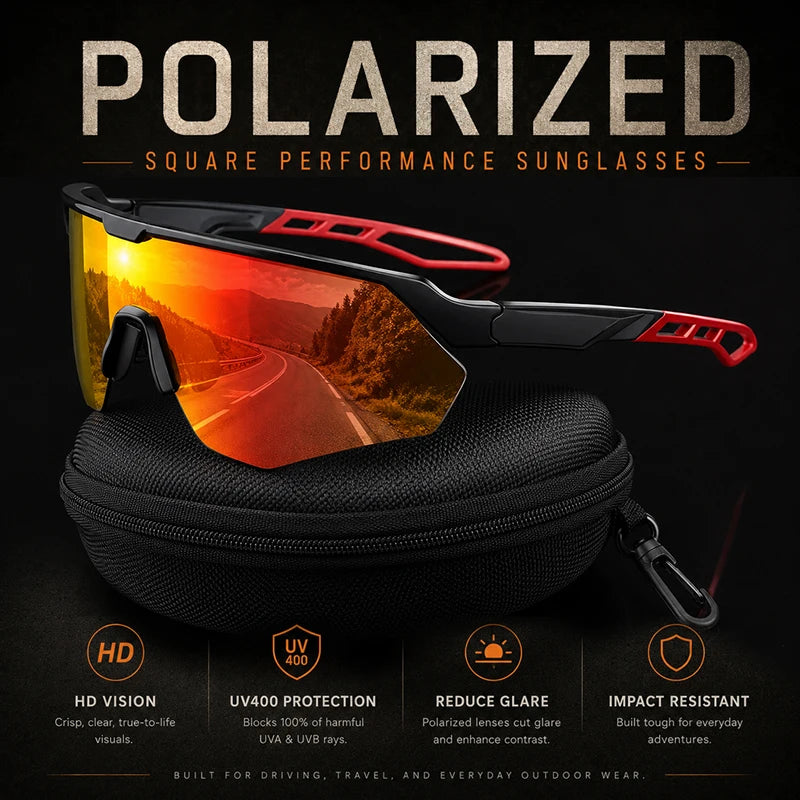 A pair of polarized square sunglasses with orange and yellow lenses resting on a black padded case.