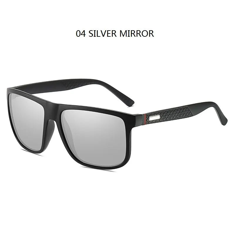 A pair of black sunglasses with silver mirrored lenses and a black frame.
