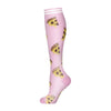 A pair of pink compression socks featuring a pattern of yellow pizza slices.