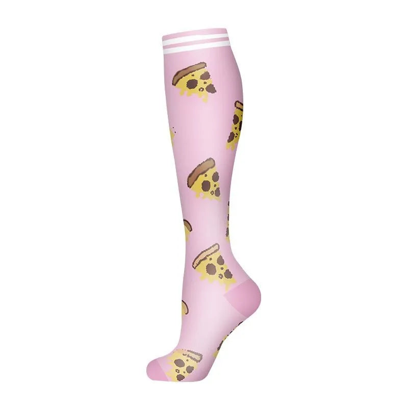 A pair of pink compression socks featuring a pattern of yellow pizza slices.