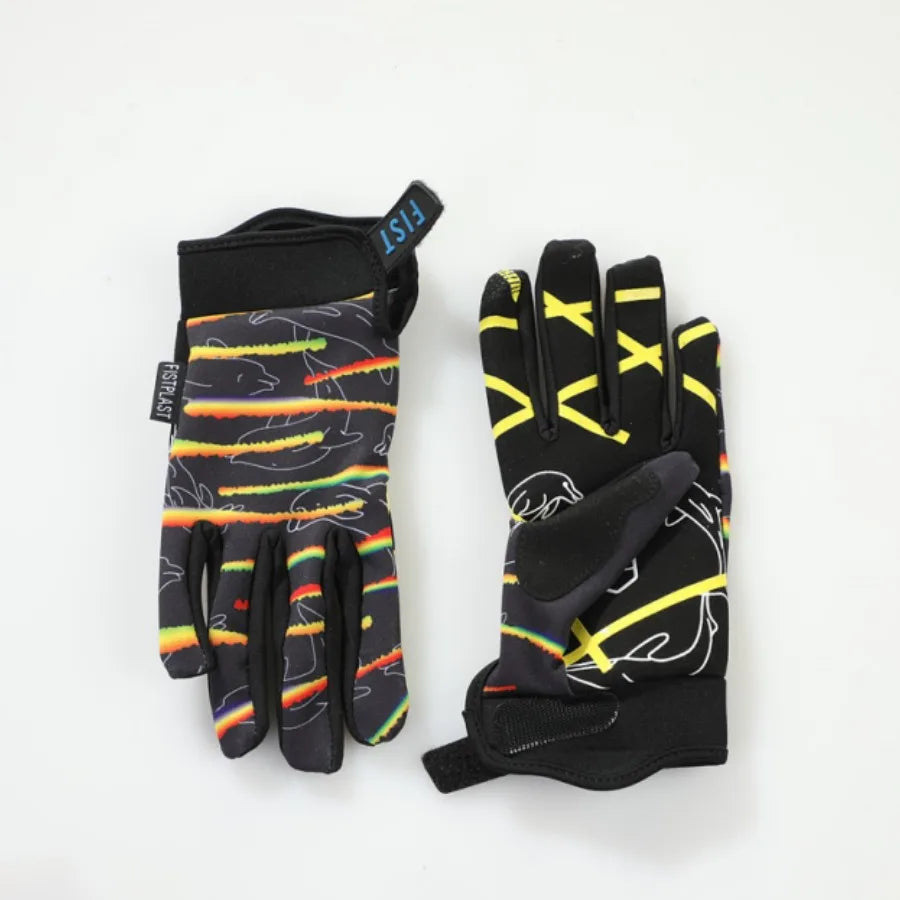 A pair of black and yellow durable motorcycle and MTB gloves with colorful stripes and text
