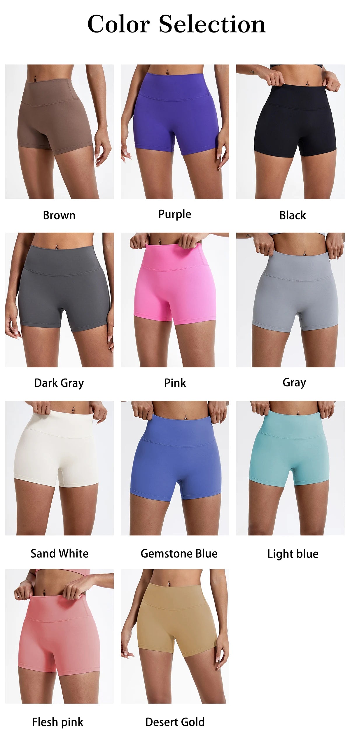 Collection de shorts de yoga et de sport à taille haute en compression, dans diverses couleurs comme marron, violet, noir, gr