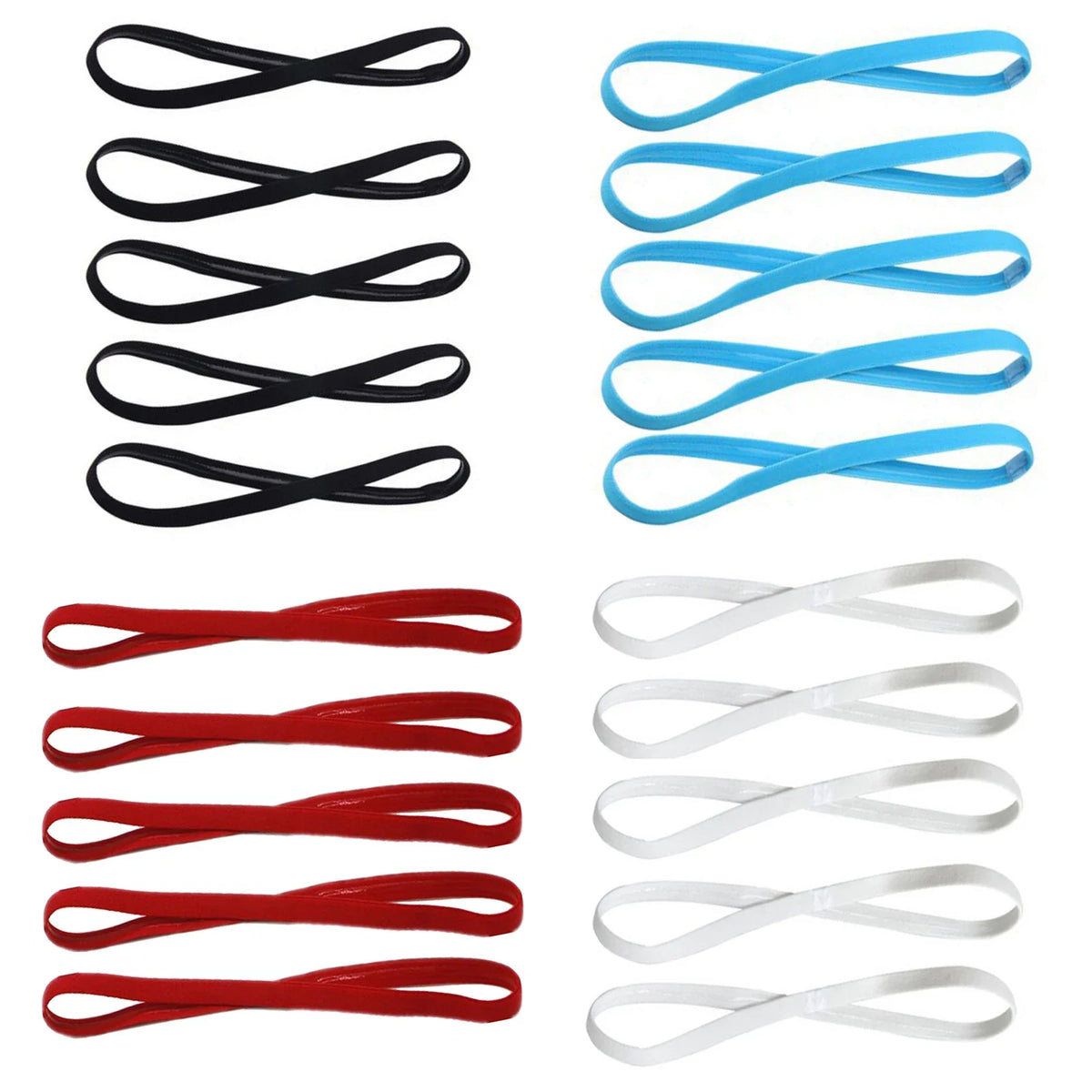 A set of five multi-functional elastic sports headbands in black, blue, and red colors.