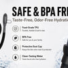 A beige water bladder with a black tube is shown next to a clear plastic bottle, emphasizing safe and BPA free hydration.