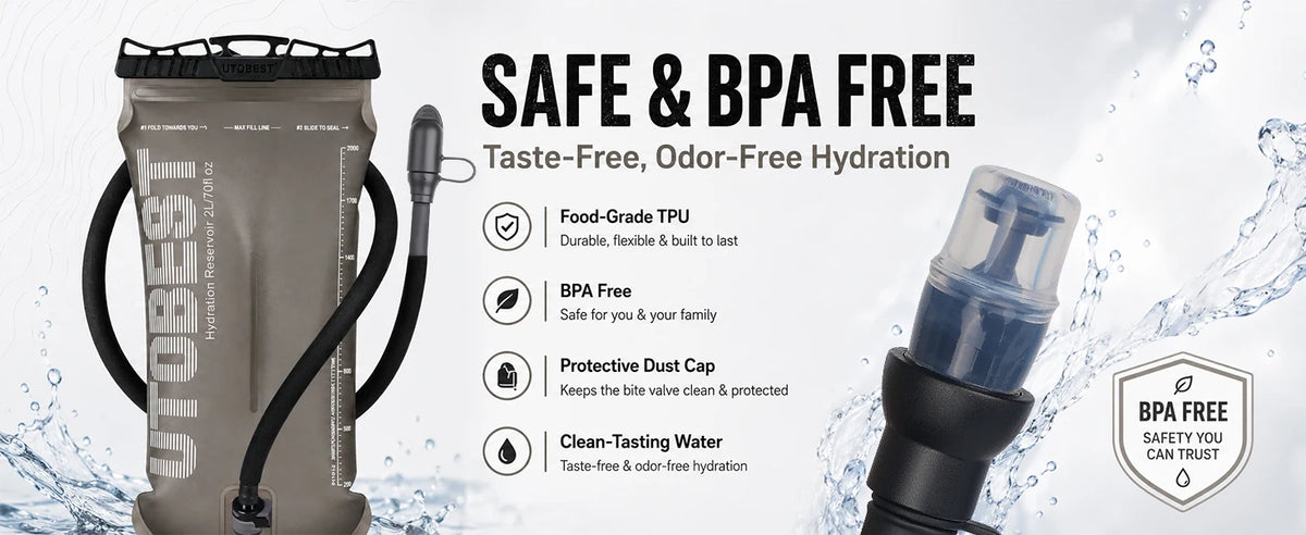 A beige water bladder with a black tube is shown next to a clear plastic bottle, emphasizing safe and BPA free hydration.