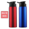 A pair of leakproof aluminum portable water bottles in blue and red colors.