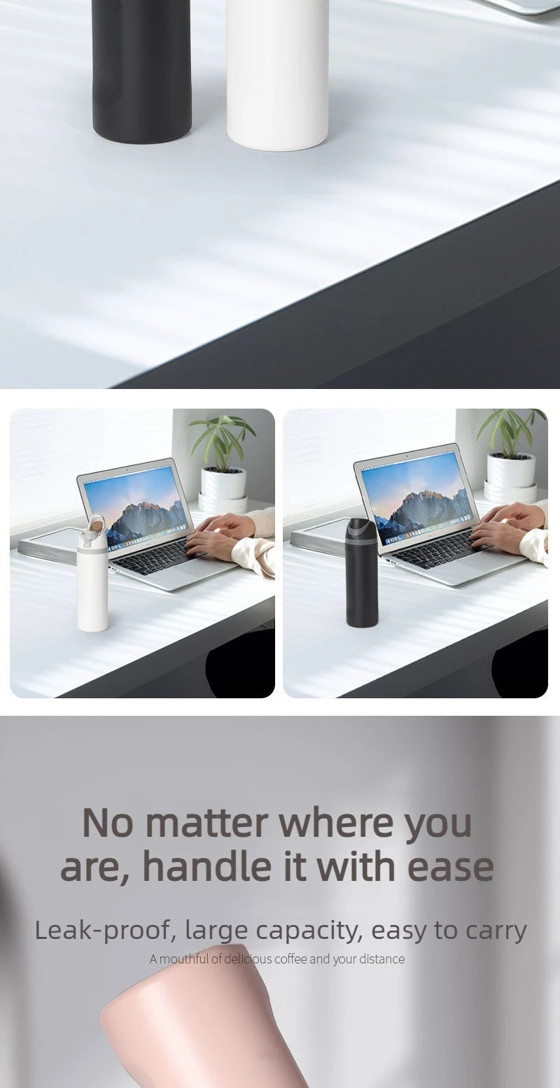 A pink insulated stainless steel water bottle with a dual drinking spout shown in various contexts.