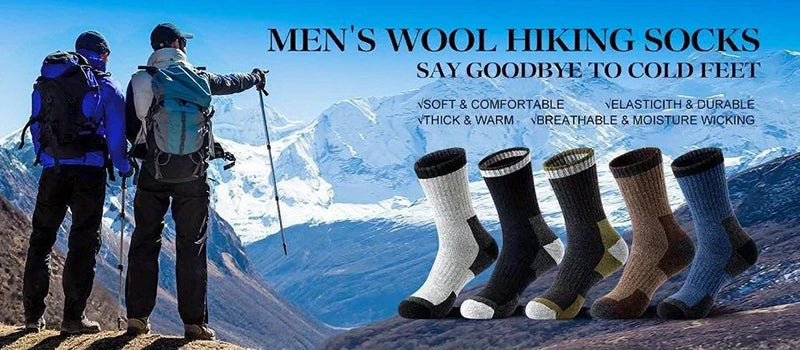 A display of men's wool hiking socks in various colors, shown against a mountainous outdoor backdrop.