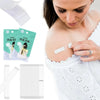 A woman applies invisible double-sided fashion tape to her skin, with packaging and tape rolls visible.