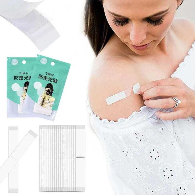 A woman applies invisible double-sided fashion tape to her skin, with packaging and tape rolls visible.
