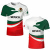 A white t-shirt featuring the flag of Mexico design with green and red stripes and the word MEXICO printed on the front.