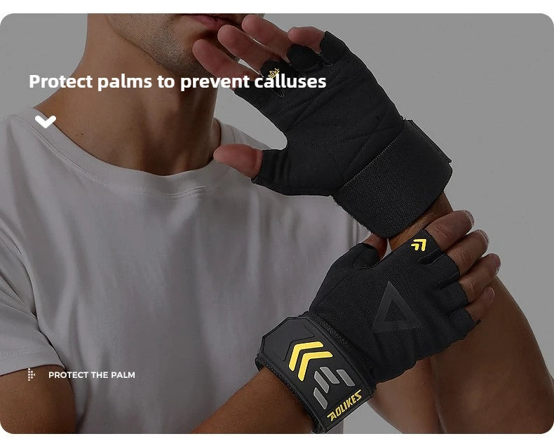 A hand wearing a black protective glove is shown against a light gray background, emphasizing palm protection for weightlifti