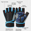 A pair of blue and black fingerless weightlifting gloves featuring mesh vents, silicone anti-slip palms, and an adjustable ho