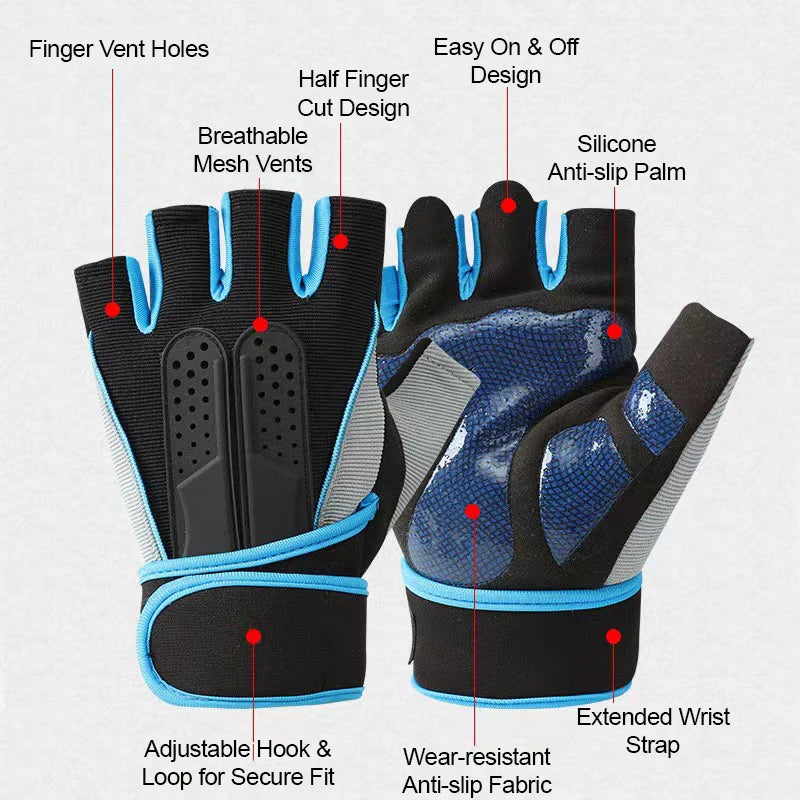 A pair of blue and black fingerless weightlifting gloves featuring mesh vents, silicone anti-slip palms, and an adjustable ho