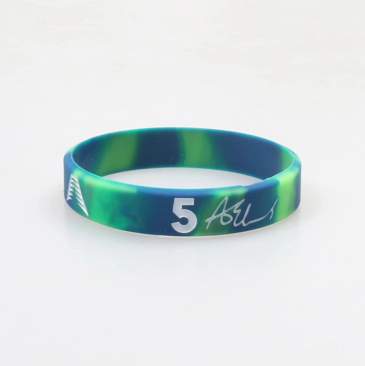 A silicone wristband with a green and blue marbled pattern featuring the number 5 and the name ASL.