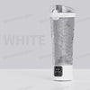 A clear electric shaker bottle with a white lid and base sits on a white surface.