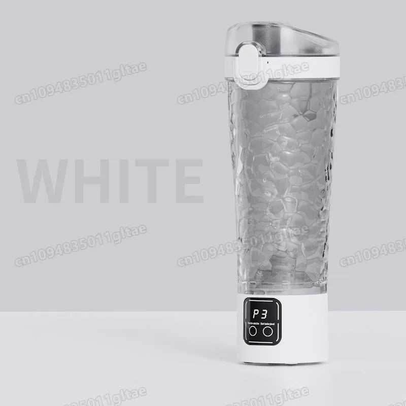 A clear electric shaker bottle with a white lid and base sits on a white surface.