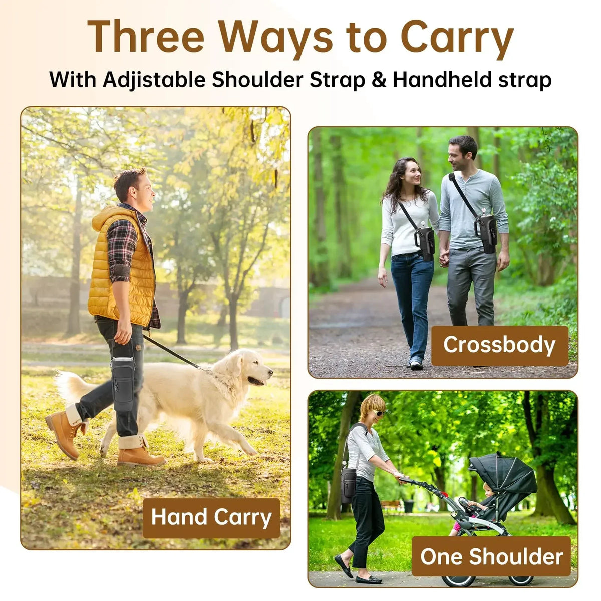 Three ways to carry a water bottle carrier bag with an adjustable shoulder strap and handheld strap
