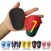 A collection of mini football shin guards in various colors and sizes, including blue, black, red, yellow, and pink.