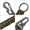 A multi-tool keychain featuring a black clip and a braided green and brown cord.