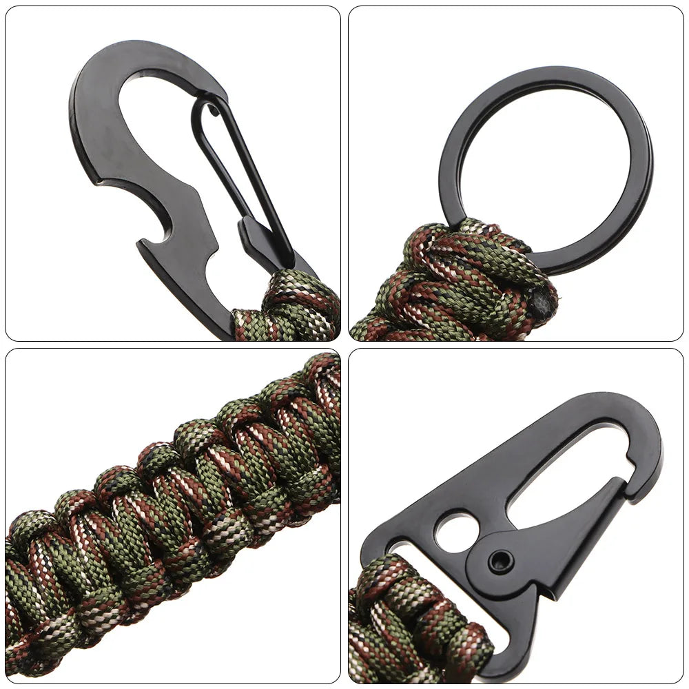 A multi-tool keychain featuring a black clip and a braided green and brown cord.
