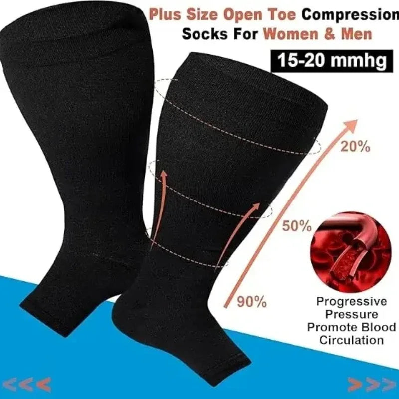 Black compression socks for women and men demonstrating progressive pressure for blood circulation