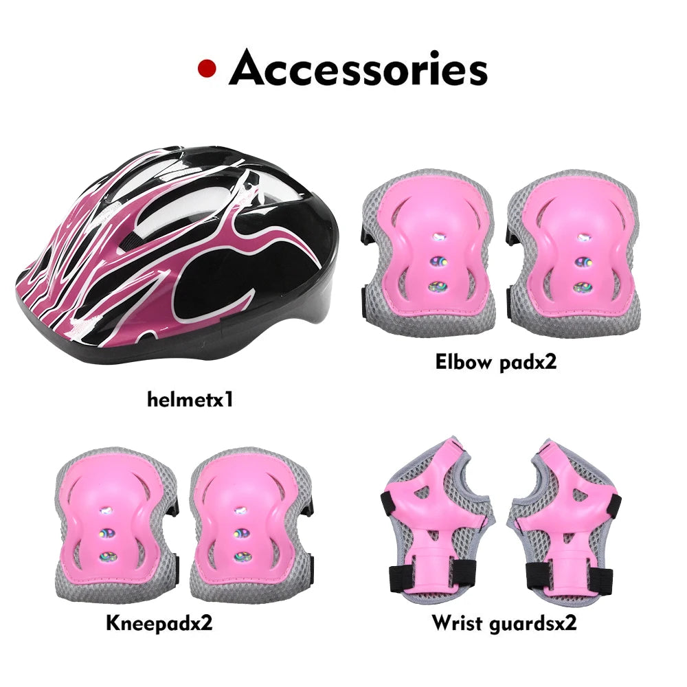 A set of kids protective gear including a helmet, two knee pads, and two wrist guards in pink and black.