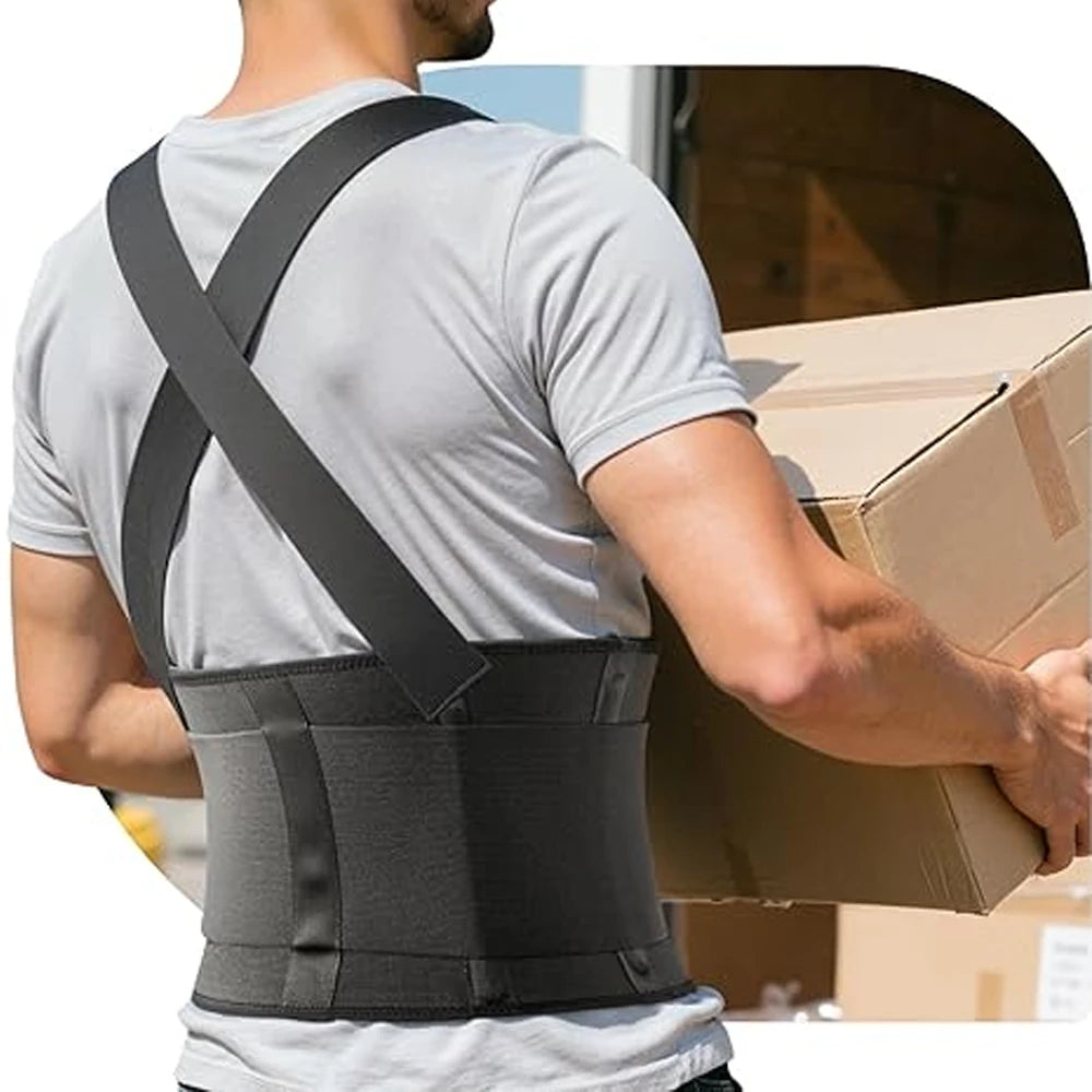 Person wearing a black ergonomic back brace for lifting and daily support while holding a cardboard box.